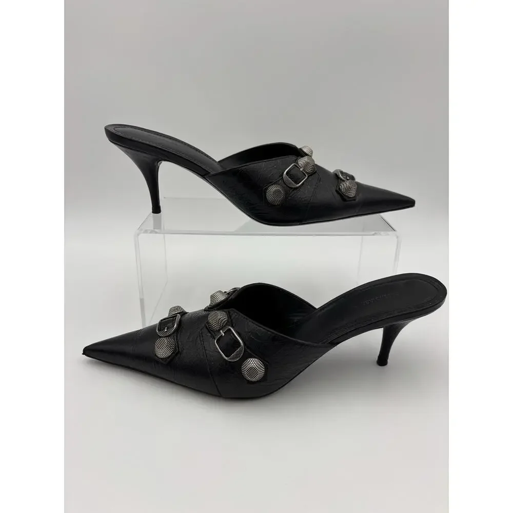 Balenciaga Point Toe Mules Black Leather Studded Size 39 / 9 Kitten Heel